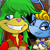 Two pixelated cartoon characters with exaggerated features: one green-haired figure in red clothing, another blue-skinned character with yellow hair.
