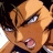 Pixelated anime-style character face with open mouth and intense expression next to stylized text on black background.