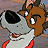 Pixelated cartoon character with brown hair and gray face, wearing white shirt with red accents, holding black object near mouth, against blurred background.