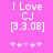 Pixelated text on pink background with animated heart symbols changing position.