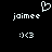 Pixelated white text and symbols on black background: 'joimee' appears twice with a heart above the left instance, two identical emoticons below each name.