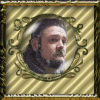 Four circular portraits in ornate frames on a striped gold background with visible text at the bottom.