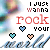 Animated graphic with text "I just wanna rock your world" and pixelated hearts changing color across frames.