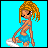 Pixel art character with orange hair in blue bikini top and skirt, seated on white surfboard against cyan background, with visible text "April" in some frames.