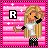 Pixel art of a blonde character with long hair, white crop top, black checkered pants, and black arm sleeves against pink striped background with white stars.