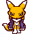 A 4x3 contact sheet of pixel art frames showing a yellow fox-like character with white-tipped ears and blue eyes, wearing a purple cape over a white chest piece, in various poses across sampled animation frames.