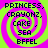 Four identical pixelated icons arranged in a , each featuring a pink and green spiral background with black text reading "PRINCESS, CRAYONZ, CAKE, SEA BFFEL"