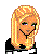 Pixel art image of a blonde woman with orange hair, black top, and necklace; text reads 'like an angel' in black and blue letters.