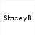 Pixelated text 'StaceyB' on white background next to pink patterned background with white and pink circles.