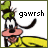 Animated sequence of a cartoon dog character with green hat and yellow shirt, showing mouth movements and text changes from 'gawrsh' to 'gawrsh!'