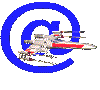 Four blue @ symbols with a red-and-white starfighter in front of each, arranged in a on gray background