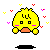 Pixelated yellow character with black eyes, pink cheeks, and orange mouth; heart-shaped eyes in second frame surrounded by floating hearts.