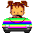 Pixel art animation of a cartoon girl with brown pigtails driving a rainbow-striped car, shown in two frames where the car's stripes shift horizontally and her mouth changes from open to closed.