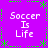 Purple background with green dotted border and four identical 'Soccer Is Life' text blocks arranged in a