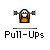 Pixelated character in orange outfit lifting barbell with white face and black eyes, displayed in four identical static frames with 'Pull-Ups' text below.