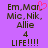 Purple background with dark brown text listing names and 'LIFE!!!!' plus a pink heart symbol on the left side.