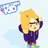 Pixelated character with blonde hair and purple hoodie raises right hand, standing against light blue background with partial blue cloud-like shape.
