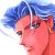 Pixelated profile view of a person with blue hair and red skin tones against a light background.
