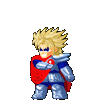 Pixelated character with spiky blonde hair, blue armor, red cape, and circular chest emblem in multiple poses including standing, attacking, and transforming.