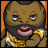 Pixelated static icon of a cartoon character with brown skin, black hair, and a dark beard wearing gold jewelry against an orange background.