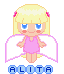 Pixelated angel figure with blonde hair, blue eyes, pink dress, white wings, and 'ALITA' text below, showing multiple facial expressions.
