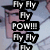 Pixelated icon with repeated 'Fly Fly' text above and below a central 'POW!!!' in bold white letters on black background, set against light blue and purple gradient backdrop.