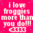 A static image with bright pink background displays repeated text "i love froggies more than you do!!!" and three white <3 symbols in pixelated font.