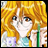 Pixelated anime-style character with long yellow hair holding a green object, next to black background with white text.