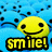 A pixelated yellow smiley face with black eyes and a wide grin appears above the word 'smile!' in bold yellow letters on a blue background.