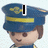 Pixelated character in blue uniform with yellow accents, wearing a peaked cap and displaying text overlays across three views.
