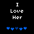 Two side-by-side animated frames of a pixel art buddy icon showing text and heart symbols on black background.