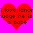 Two red hearts on a bright pink background with black pixelated text reading "i love lancei judge he is a babe".