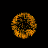 Animated sequence of orange particle bursts on black background, transitioning from dense circular explosions to scattered particles and small dots.