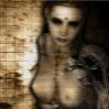 repeated images showing a person with dark eye makeup and long hair, wearing a low-cut top against a textured brown background