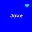 Blue background with four white 'Jake' texts and three light blue pixelated symbols: a heart, a starburst, and a cluster.