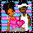 Pixel art animation of two cartoon characters holding a pink heart against striped background with frame-to-frame pose changes.