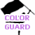 Black graduation caps with white tassels appear in multiple positions, accompanied by colored text phrases and a sword-like object.