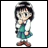 Pixelated anime-style character in green dress with white sleeves and brown shoes standing against white background, next to black panel with silver text "Anime IM" and stylized signature.