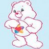 Static cartoon bear with pink outline, white fur, red nose, black eyes, and a colorful heart-shaped symbol on its chest against light blue background.