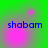 Green background with four pink circular light effects and blue text reading 'shabam' in each quadrant.