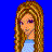 Pixelated character with long brown hair in blue polka-dot dress, next to partial body views of same figure and text labels 'Irish', 'Step', 'Danza' on solid blue background.