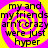 Four identical display yellow spiral patterns on pink backgrounds with black text reading "my and my friends aren't crazy were just hyper" in a pixelated font