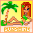Pixel art contact sheet showing two frames of an animated buddy icon featuring a cartoon woman in a green bikini lounging on a beach with palm trees and the word "SUNSHINE" at the bottom.