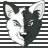 Pixelated cat head with black and white fur, red eyes, and red pixel clusters on the face against striped background.