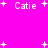 A bright pink background features four instances of the text 'Catie' in white pixelated font, surrounded by scattered white plus signs and small dots.