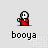 Pixelated character in red outfit with white circular head, performing sequential hand movements