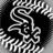 A pixelated black-and-white icon featuring a stylized, swirling dragon-like creature with segmented body parts against a dark circular background.