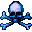 Pixelated skull and crossbones with blue bones, white skull, and red mouth area; two variations show different mouth positions.