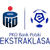 Pixelated static image with blue and red elements; left side shows a dark blue cylindrical shape with vertical stripes, top has small red square, right side features abstract blue circular design on light gray background.
