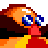 Pixelated character with orange hair, blue eyes, red mouth, and yellow lower body against gray background.